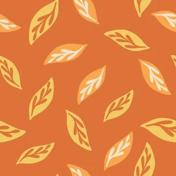 Abstract seamless pattern with doodle random leaves elements. Orange backgrou 스톡 일러스트