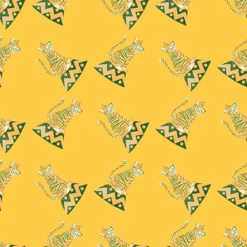 Abstract seamless pattern with doodle tiger circus silhouettes. Yellow bright イラスト素材