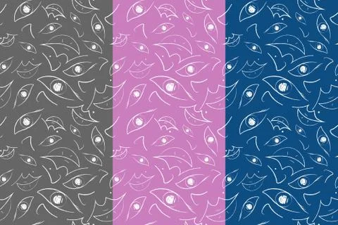 Abstract seamless pattern. Face parts white line art. Linear brush contour hand Stock Illustration