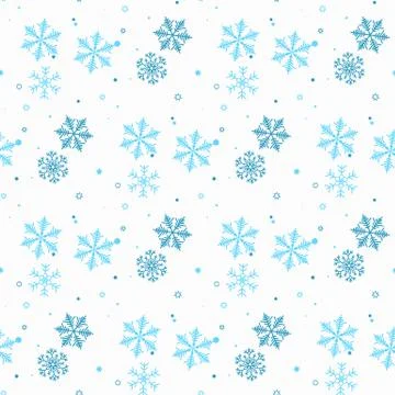 Abstract seamless pattern of falling blue snowflakes on white background. Win Stock Illustration
