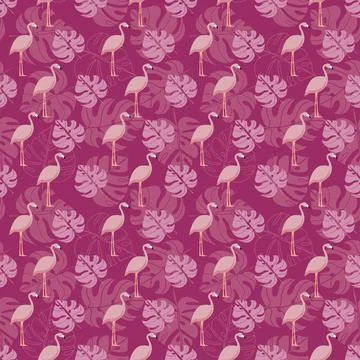 Abstract seamless pattern with flamingo and tropical leaves in pink Stock Illustration