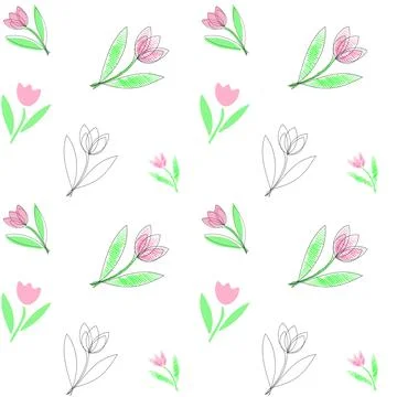 Abstract seamless pattern with flowers, doodle style, single line outline. W Stock Illustration