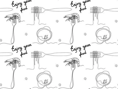 Abstract seamless pattern with forks, pasta and shrimp, restaurant,lunch,fo.. Stock Illustration