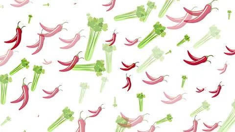 Abstract Seamless Pattern of Fresh Red Chili Peppers and Green Celery Stalk.. Stock Illustration