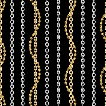 Abstract seamless pattern with gold and silver chains on black background for fa Stock Illustration
