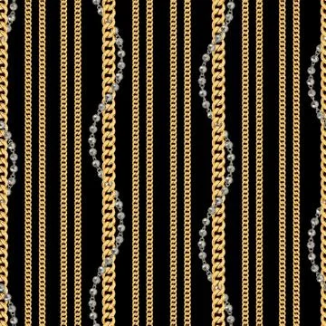 Abstract seamless pattern with gold and silver chains on black background for fa Illustrazione stock