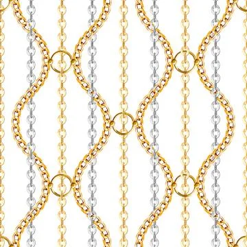 Abstract seamless pattern with gold and silver chains on white background for fa Stock Illustration