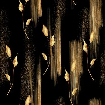 Abstract seamless pattern of golden leaves and brushstrokes on black background Stock Illustration