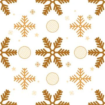 Abstract Seamless Pattern Golden Snowflakes and ornamented bauble for Chris.. Stock Illustration