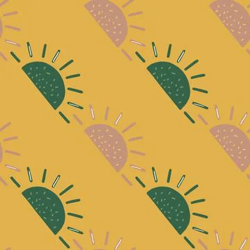 Abstract seamless pattern with green and pink ethnic sun ornament. Orange bac Stock Illustration