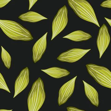 Abstract seamless pattern with green leaf elements. Black background. Random  Ilustración de archivo