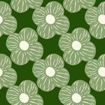 Abstract seamless pattern in green tones with doodle simple flower elements.  Stock Illustration