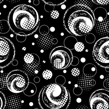 Abstract seamless pattern with halftone circles, zigzag paint brush stroke Illustrazione stock
