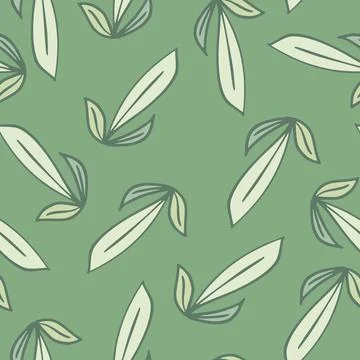 Abstract seamless pattern with hand drawn leaf outline print. Green pastel ba Stock Illustration