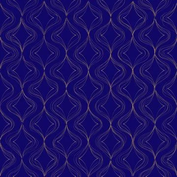 Abstract seamless pattern with hand drawn gold waves on blue background. Line 스톡 일러스트