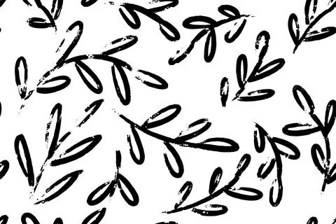 Abstract seamless pattern of hand drawn black brush painted leaves and branches Illustrazione stock