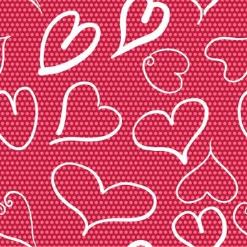 Abstract seamless pattern with hearts and red polka dots background. Valentin 스톡 일러스트