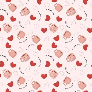 Abstract seamless pattern of hearts and cups, text. Image for a poster or cov Stock Illustration