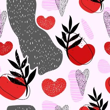 Abstract seamless pattern of hearts, plant, stone and polka dots. Stock Illustration