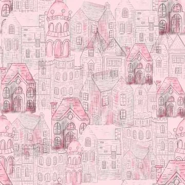 Abstract seamless pattern with houses . Perfect for fabric,textile,wallpaper. Stock Illustration