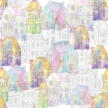 Abstract seamless pattern with houses . Perfect for fabric,textile,wallpaper. Stock Illustration