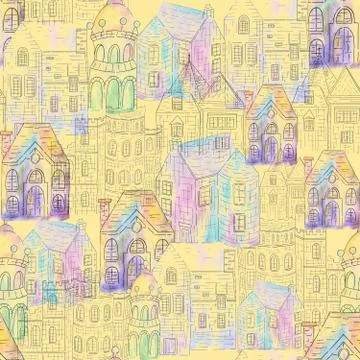 Abstract seamless pattern with houses . Perfect for fabric,textile,wallpaper. Stock Illustration