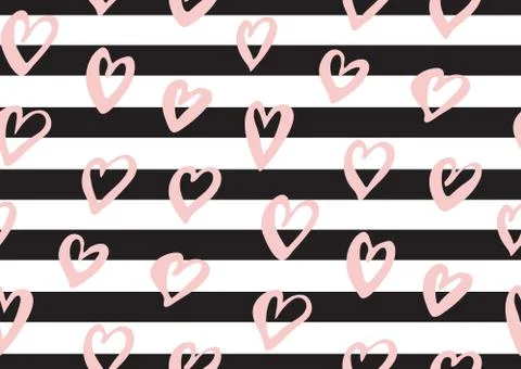Abstract seamless pattern with the ink hearts, stripes. Stock Illustration