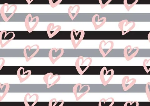 Abstract seamless pattern with the ink hearts, stripes. Stock Illustration