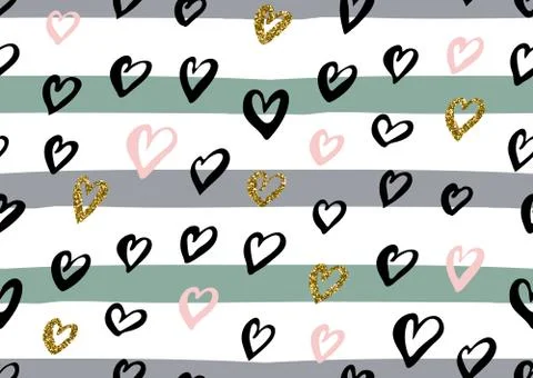 Abstract seamless pattern with the ink hearts, stripes Stock Illustration