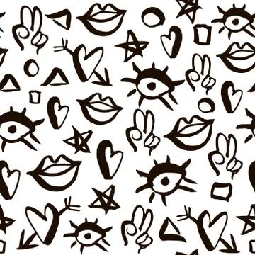 Abstract seamless pattern with ink made elements. Eyes,lips, stars,geometri.. Stock Illustration