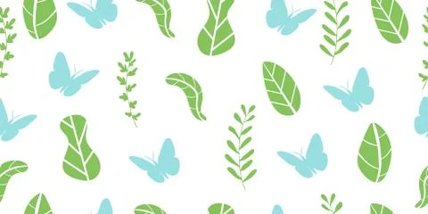 Abstract seamless pattern from leaves, plants and butterflies. Ecology. Stock Illustration