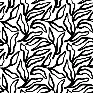 Abstract seamless pattern with lines and leaves. Black and white ornament for Stock Illustration