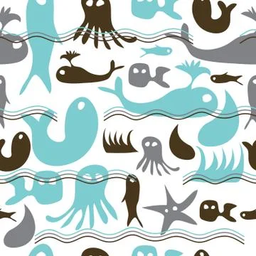 Abstract seamless pattern of marine animals and fish Stock Illustration