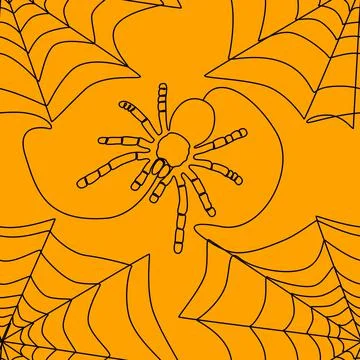 Abstract Seamless pattern of one continuous line Spider and Spider web. Thin  Stock Illustration