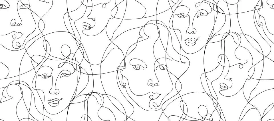 Abstract seamless pattern with one line portrait of a girl in the style of Illustrazione stock