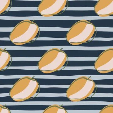 Abstract seamless pattern with orange apricot elements print. Blue striped ba Illustrazione stock