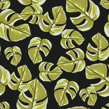 Abstract seamless pattern with pale green hand drawn monsera leaf ornament. B Illustrazione stock