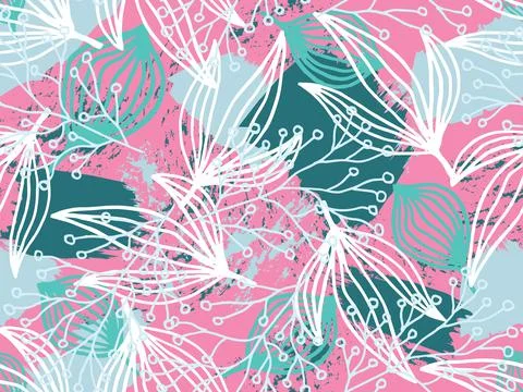 Abstract seamless pattern of pink and mint flowers and leaves. For the design of Stock Illustration
