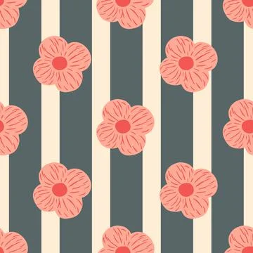 Abstract seamless pattern with pink colored simple flower silhouettes. Navy b 스톡 일러스트