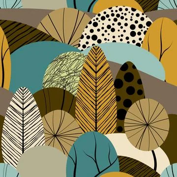 Abstract seamless pattern with plants, leaves, forest theme. Hand draw textur Stock Illustration