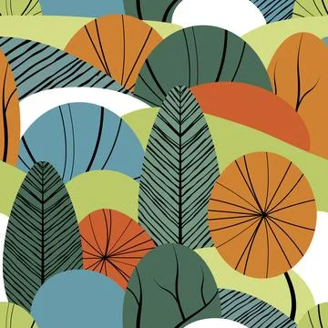Abstract seamless pattern with plants, leaves, forest theme. Hand draw textur Stock Illustration