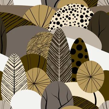 Abstract seamless pattern with plants, leaves, forest theme. Hand draw textur Stock Illustration