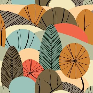 Abstract seamless pattern with plants, leaves, forest theme. Hand draw textur Stock Illustration