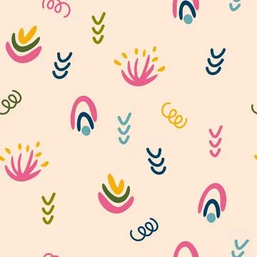 Abstract Seamless pattern. Rainbows lines squiggles dots and ticks. Perfect f Stock Illustration