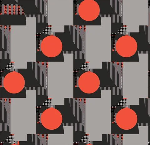 Abstract seamless pattern with red circles and gray rectangles Ilustración de archivo