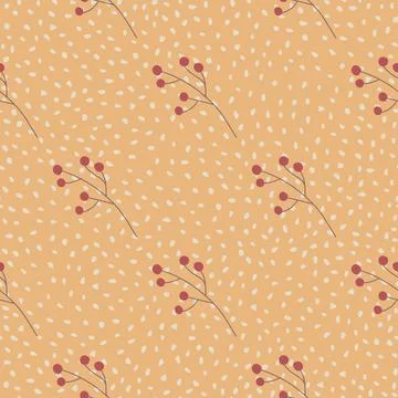 Abstract seamless pattern with red minimalistic berry branches. Orange dotted Stock Illustration