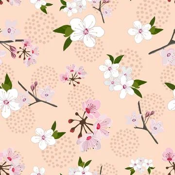 Abstract seamless pattern sakura flowers on creme background Stock Illustration