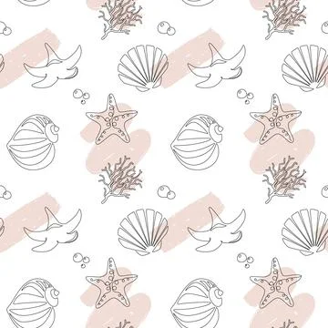 Abstract seamless pattern of sea shells and starfishes and underwater animals Illustrazione stock