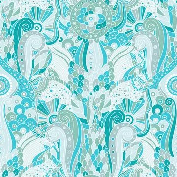 Abstract seamless pattern in shades of blue, with underwater and sea motifs Stock Illustration