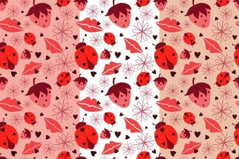 Abstract seamless pattern. Shades of pink images, silhouettes of lips, ladybug Stock-Illustration